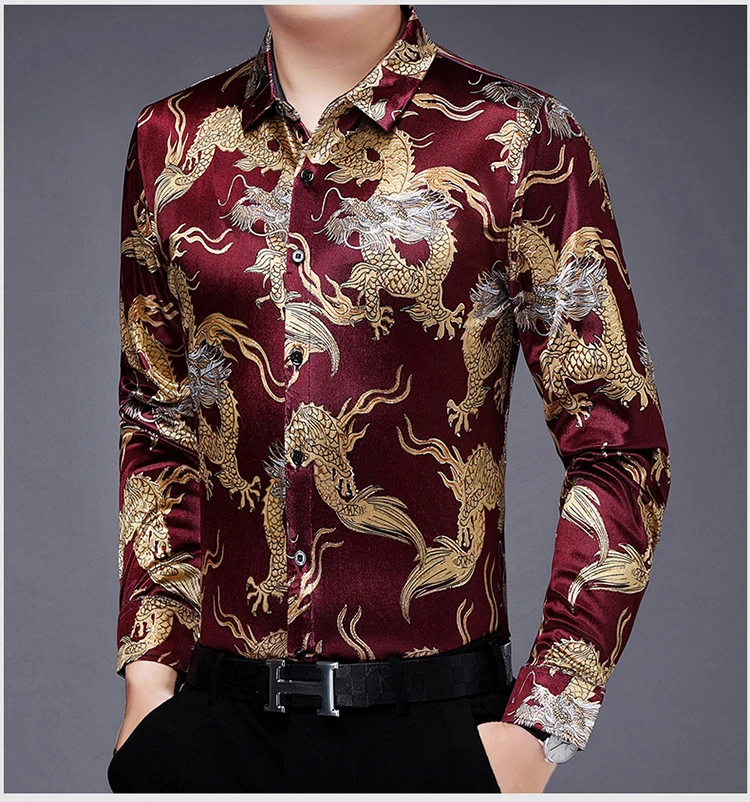 Creative Golden Yellow Dragon Shirts For Men Long Sleeved Casual Autumn High Quality Smooth Comfortable Velour Camisas De Hombre