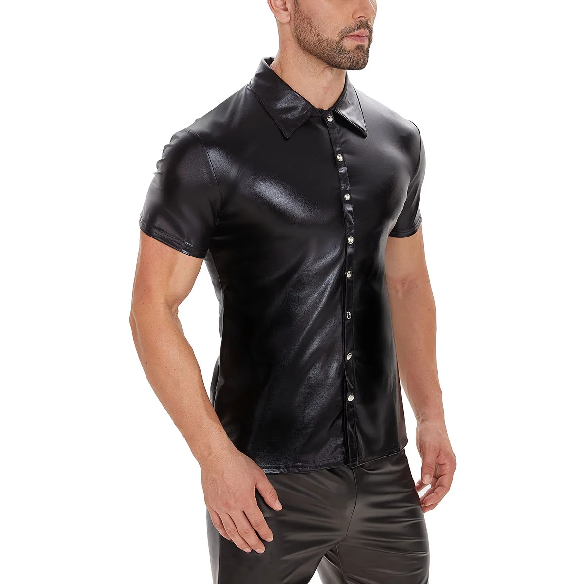 Plus Size Mens Shiny Patent Leather Shirt Short Sleeve Soft Leather Shaping Tops Male Turn-down Collar Casual Shirt Sexi