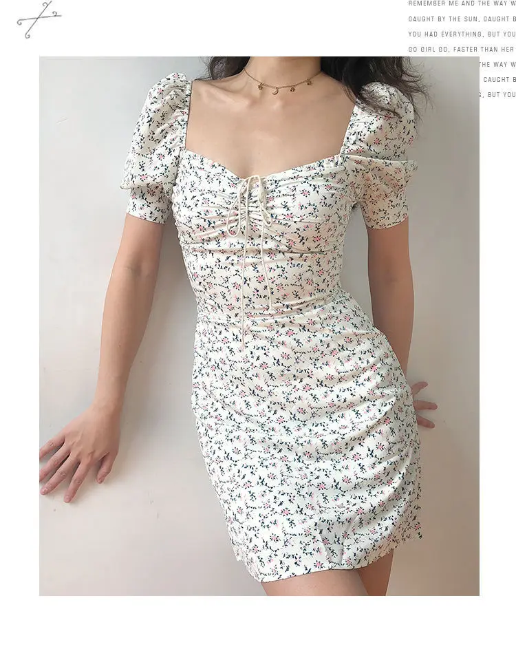 Y2K Floral Mini Dress Women Bandage Lace Puff Sleeve Summmer Skinny Slim Bodycon Prom Party High Waist Vintage Dresses Woman 90S