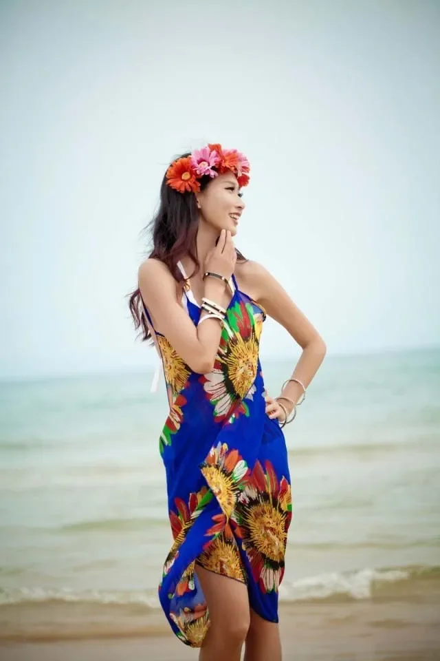 Printed Cover-ups Sexy Beach Dress Women Halter Sling Chiffon Beach Towel Bikini Wrap Pareo Skirts Open-Back Swimwear