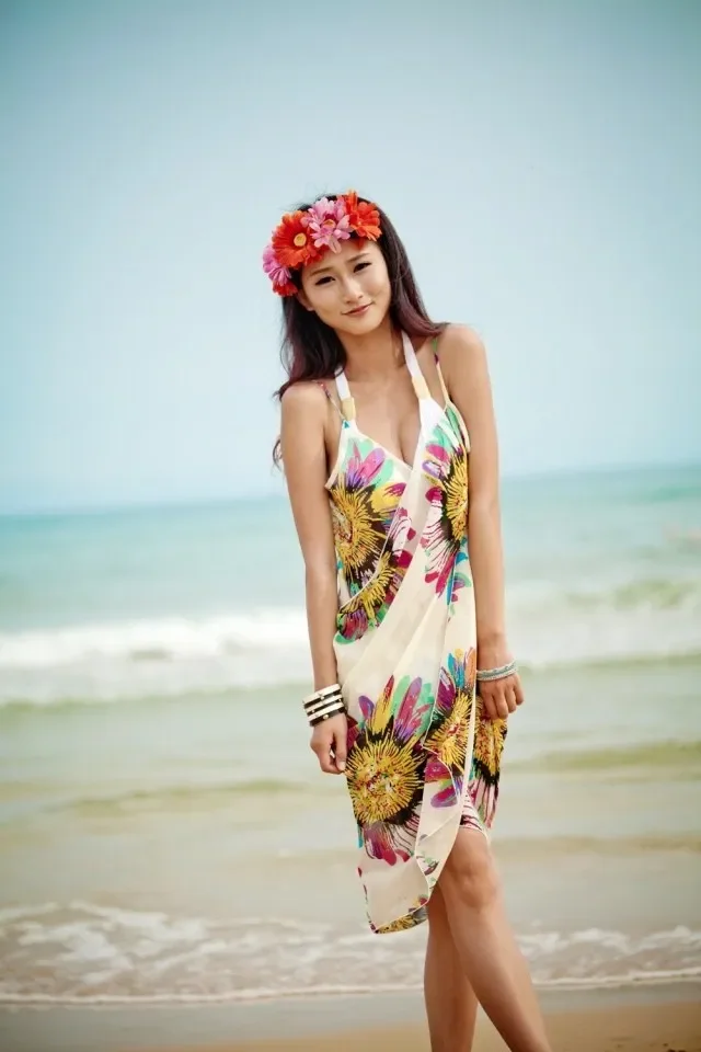 Printed Cover-ups Sexy Beach Dress Women Halter Sling Chiffon Beach Towel Bikini Wrap Pareo Skirts Open-Back Swimwear