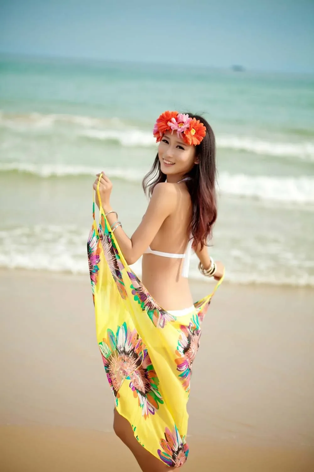 Printed Cover-ups Sexy Beach Dress Women Halter Sling Chiffon Beach Towel Bikini Wrap Pareo Skirts Open-Back Swimwear