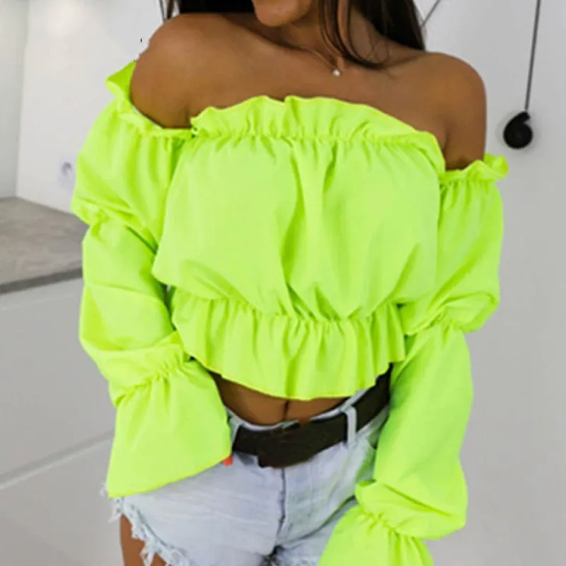 2024 Candy Color Off Shoulder Crop Tops women Summer dot print lantern sleeve shirts Lady Sexy Slash neck beach blouse