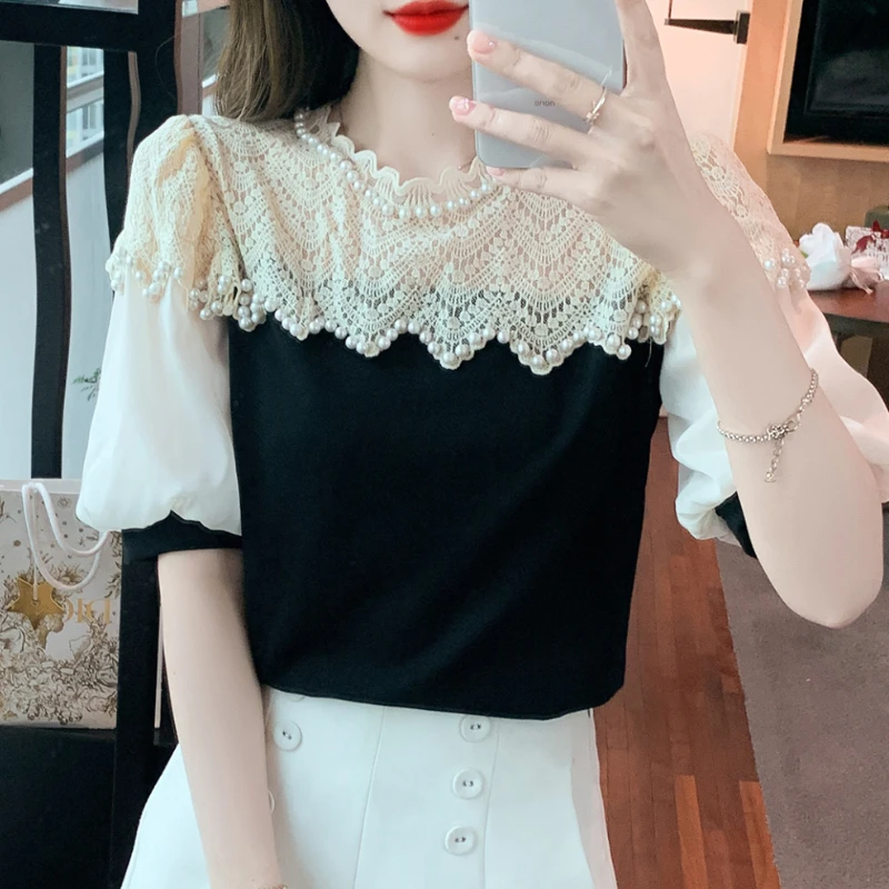 Contrast Color Blusas De Mujer Short Sleeve O-neck Blouses for Women Patchwork Lace Beading Tops Puff Sleeve Sweet Summer Shirts