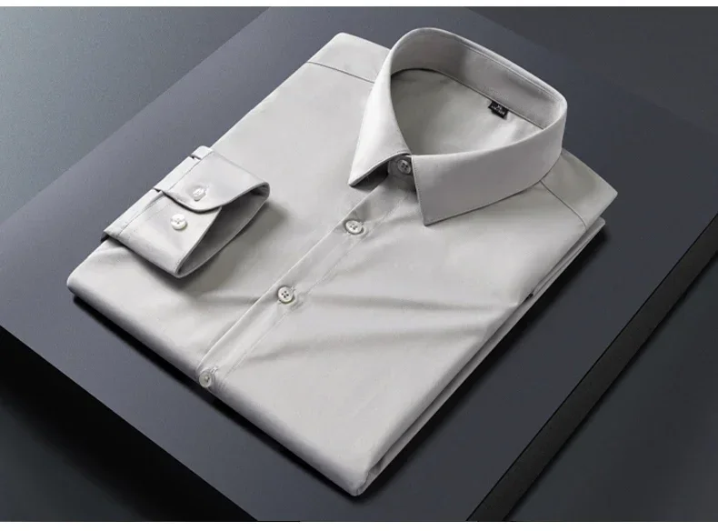 Business Shirt Men New No-iron Slim Fashion Long-sleeved Tees Lapel Formal Male Brand Clothing White Gray Blue Pink Shirt