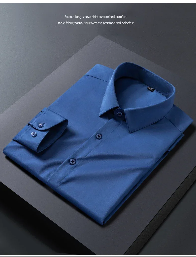 Business Shirt Men New No-iron Slim Fashion Long-sleeved Tees Lapel Formal Male Brand Clothing White Gray Blue Pink Shirt