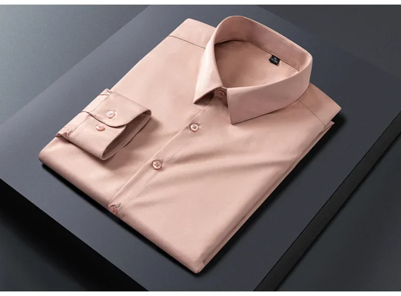 Business Shirt Men New No-iron Slim Fashion Long-sleeved Tees Lapel Formal Male Brand Clothing White Gray Blue Pink Shirt