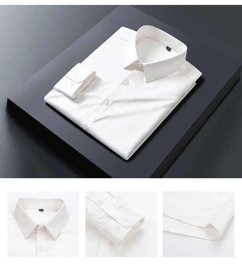 Business Shirt Men New No-iron Slim Fashion Long-sleeved Tees Lapel Formal Male Brand Clothing White Gray Blue Pink Shirt