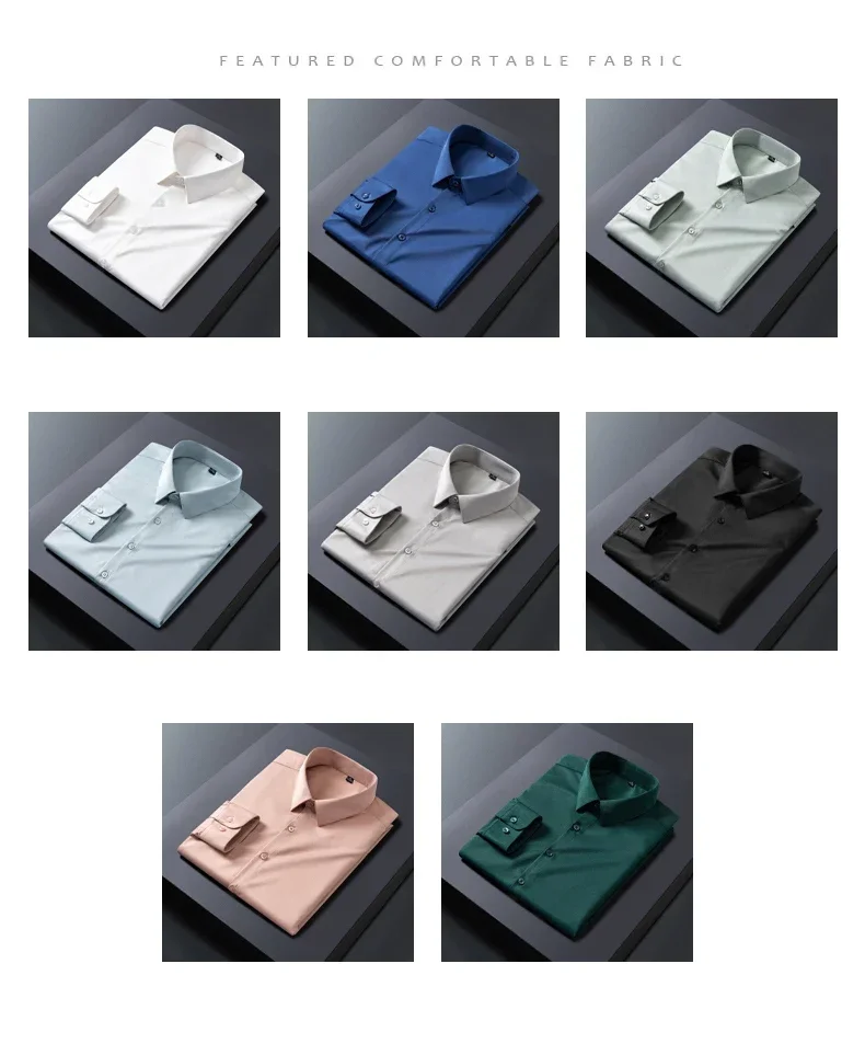 Business Shirt Men New No-iron Slim Fashion Long-sleeved Tees Lapel Formal Male Brand Clothing White Gray Blue Pink Shirt