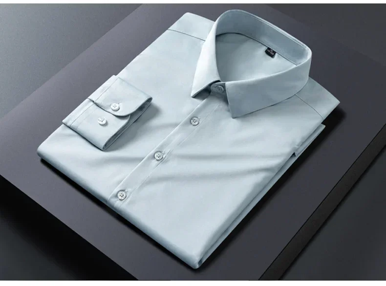 Business Shirt Men New No-iron Slim Fashion Long-sleeved Tees Lapel Formal Male Brand Clothing White Gray Blue Pink Shirt