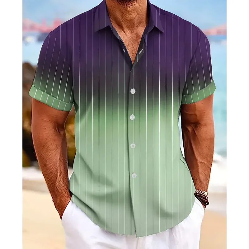 Pop Gradient Striped 3D Print Hawaiian Beach Shirts Men Women Casual Fashion Streetwear Short Sleeve Shirt Tops Blouse Man Cloth