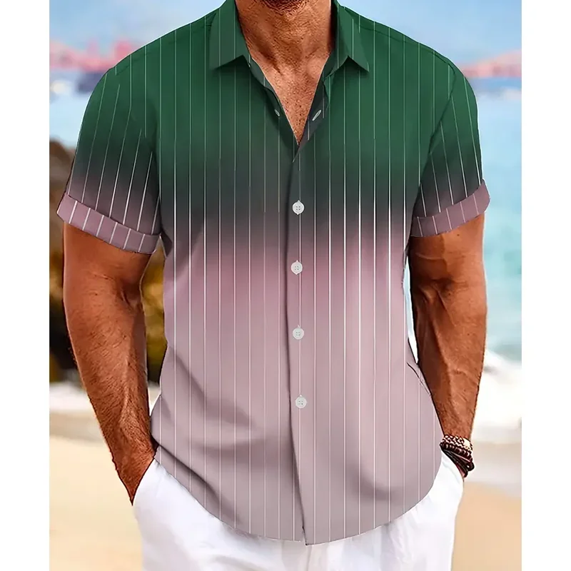 Pop Gradient Striped 3D Print Hawaiian Beach Shirts Men Women Casual Fashion Streetwear Short Sleeve Shirt Tops Blouse Man Cloth