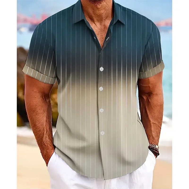 Pop Gradient Striped 3D Print Hawaiian Beach Shirts Men Women Casual Fashion Streetwear Short Sleeve Shirt Tops Blouse Man Cloth