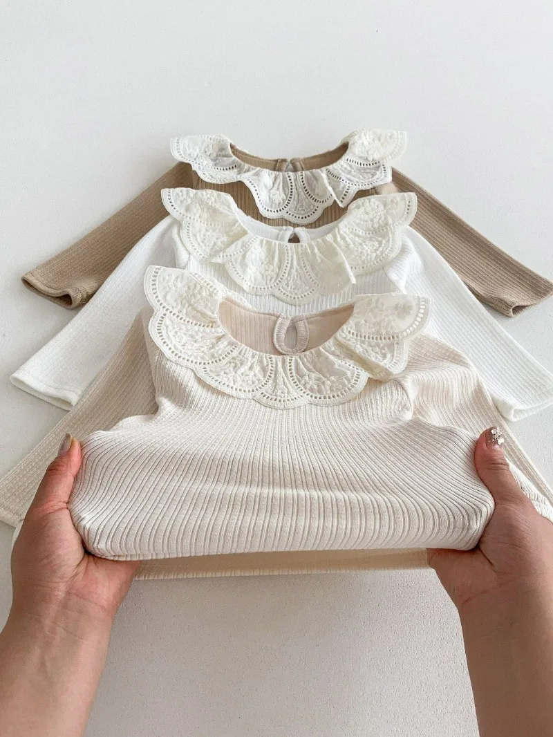 Baby Clothes Autumn Infant Girls Long Sleeve T-shirts Lace Lotus Collar Princess Kids Ribbed Bottoming Shirt Toddler Cotton Tops