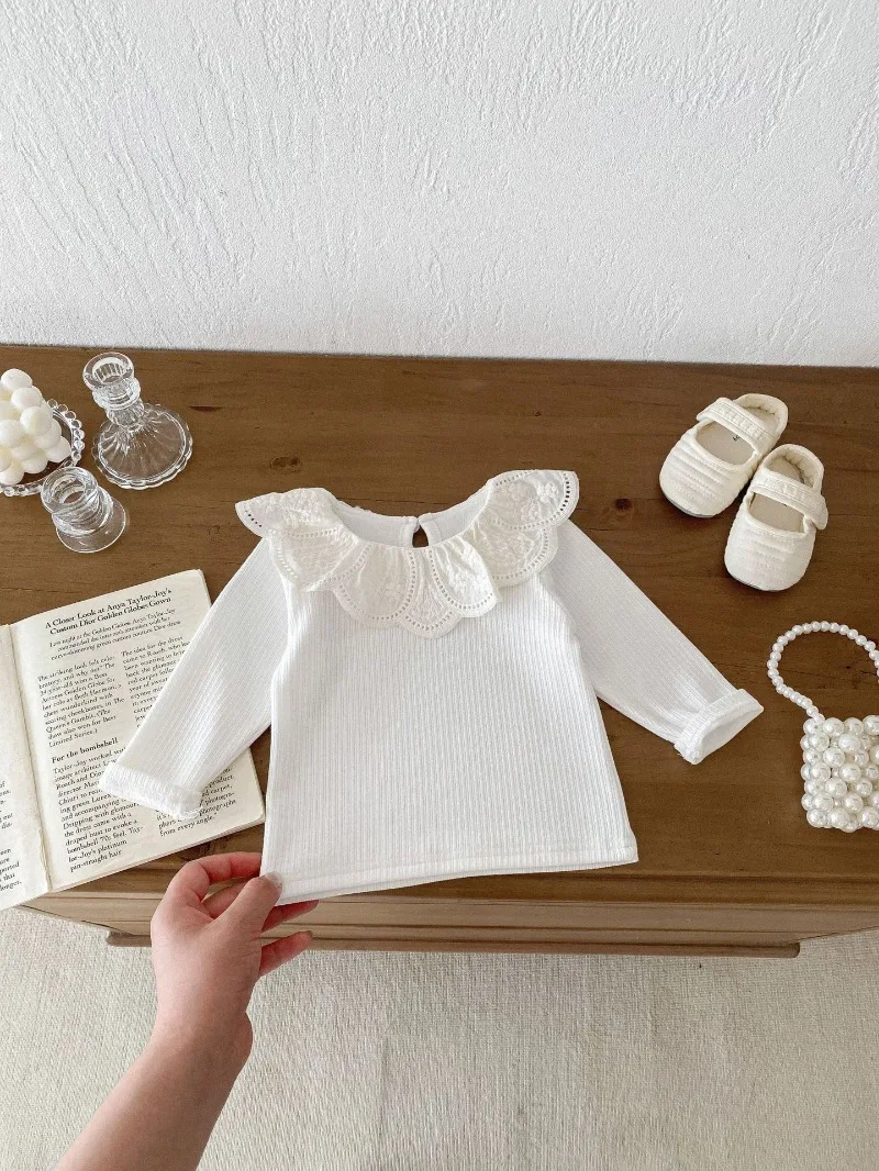 Baby Clothes Autumn Infant Girls Long Sleeve T-shirts Lace Lotus Collar Princess Kids Ribbed Bottoming Shirt Toddler Cotton Tops