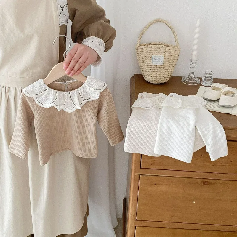 Baby Clothes Autumn Infant Girls Long Sleeve T-shirts Lace Lotus Collar Princess Kids Ribbed Bottoming Shirt Toddler Cotton Tops