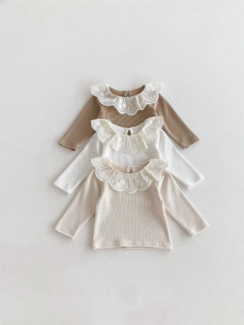 Baby Clothes Autumn Infant Girls Long Sleeve T-shirts Lace Lotus Collar Princess Kids Ribbed Bottoming Shirt Toddler Cotton Tops