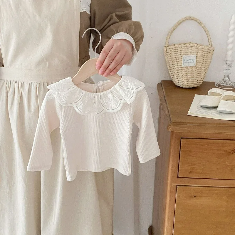 Baby Clothes Autumn Infant Girls Long Sleeve T-shirts Lace Lotus Collar Princess Kids Ribbed Bottoming Shirt Toddler Cotton Tops