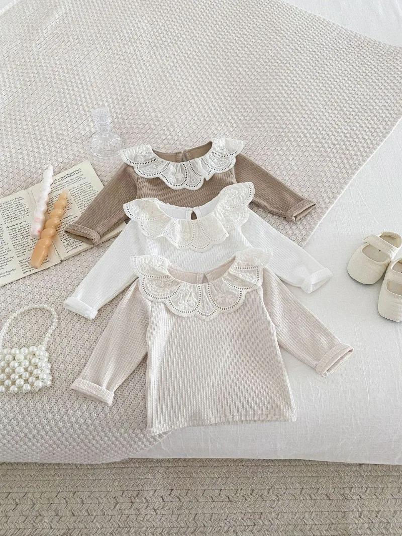 Baby Clothes Autumn Infant Girls Long Sleeve T-shirts Lace Lotus Collar Princess Kids Ribbed Bottoming Shirt Toddler Cotton Tops