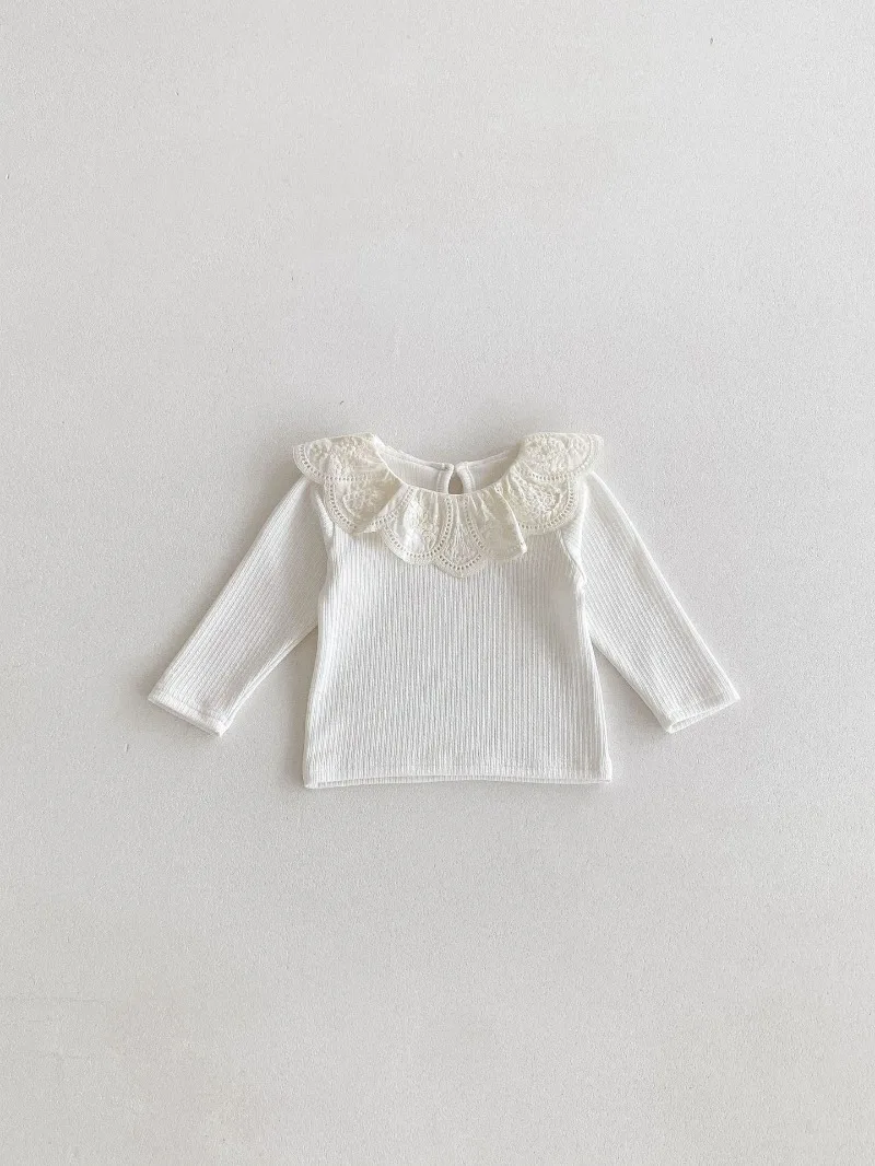 Baby Clothes Autumn Infant Girls Long Sleeve T-shirts Lace Lotus Collar Princess Kids Ribbed Bottoming Shirt Toddler Cotton Tops