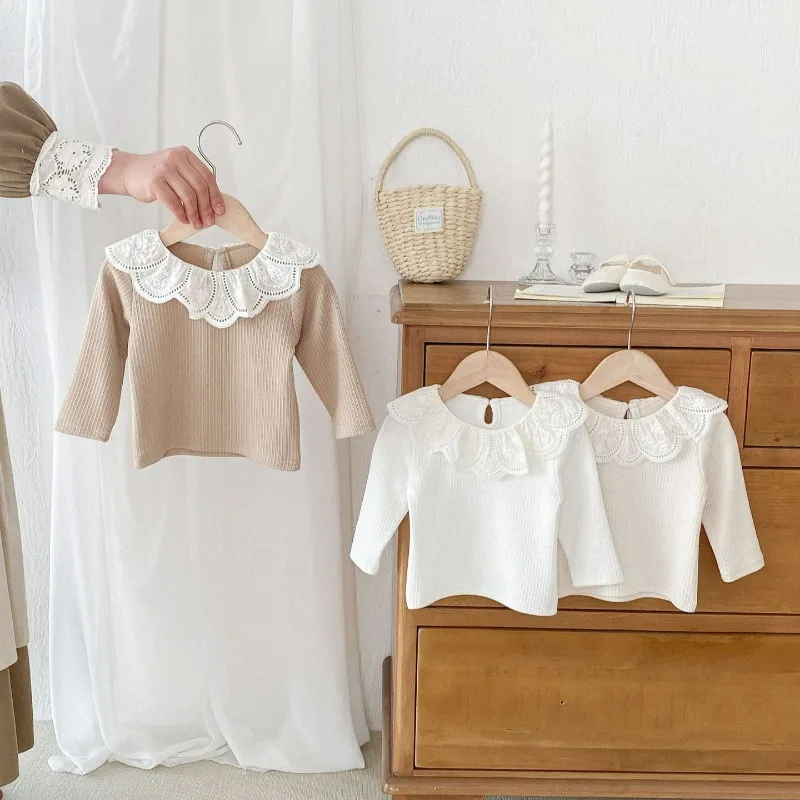 Baby Clothes Autumn Infant Girls Long Sleeve T-shirts Lace Lotus Collar Princess Kids Ribbed Bottoming Shirt Toddler Cotton Tops