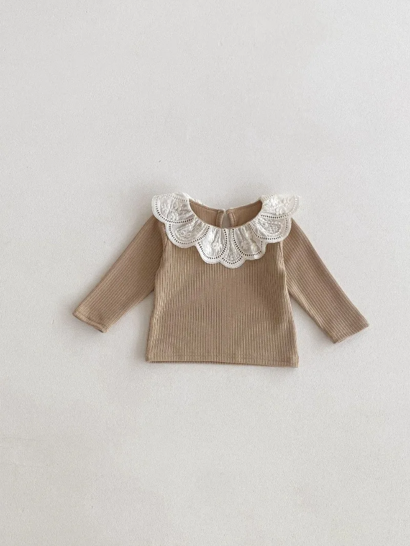 Baby Clothes Autumn Infant Girls Long Sleeve T-shirts Lace Lotus Collar Princess Kids Ribbed Bottoming Shirt Toddler Cotton Tops