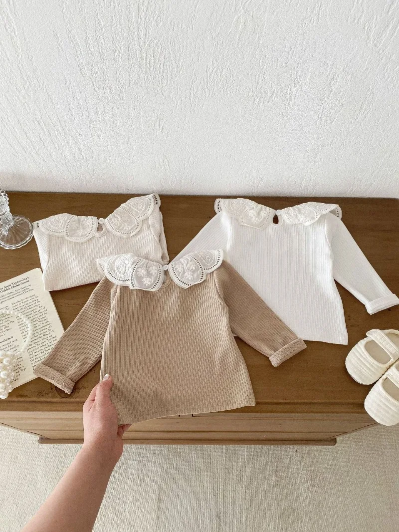 Baby Clothes Autumn Infant Girls Long Sleeve T-shirts Lace Lotus Collar Princess Kids Ribbed Bottoming Shirt Toddler Cotton Tops