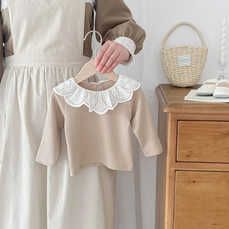 Baby Clothes Autumn Infant Girls Long Sleeve T-shirts Lace Lotus Collar Princess Kids Ribbed Bottoming Shirt Toddler Cotton Tops