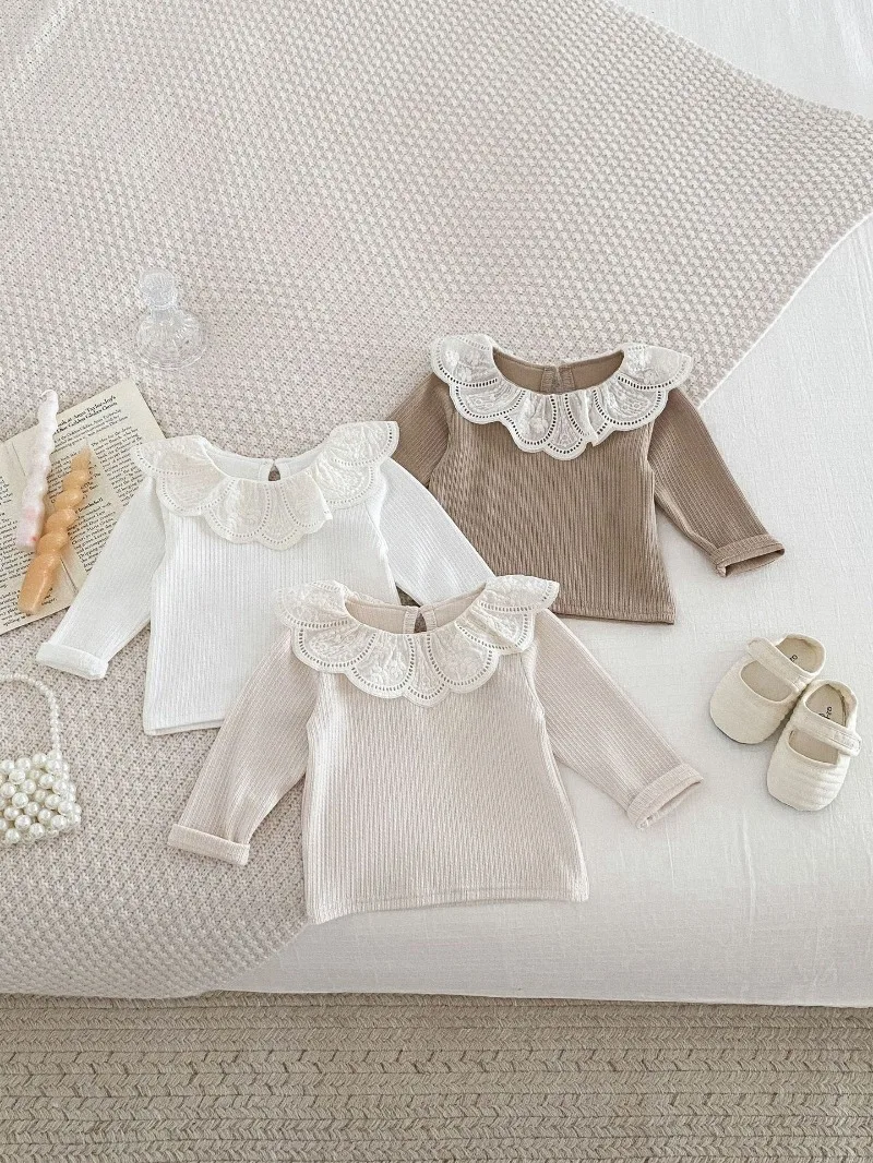 Baby Clothes Autumn Infant Girls Long Sleeve T-shirts Lace Lotus Collar Princess Kids Ribbed Bottoming Shirt Toddler Cotton Tops