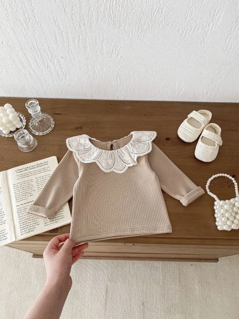 Baby Clothes Autumn Infant Girls Long Sleeve T-shirts Lace Lotus Collar Princess Kids Ribbed Bottoming Shirt Toddler Cotton Tops