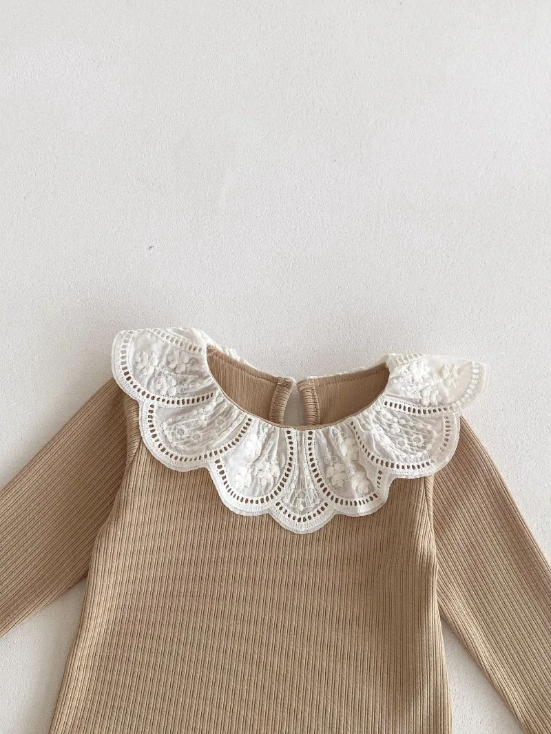 Baby Clothes Autumn Infant Girls Long Sleeve T-shirts Lace Lotus Collar Princess Kids Ribbed Bottoming Shirt Toddler Cotton Tops