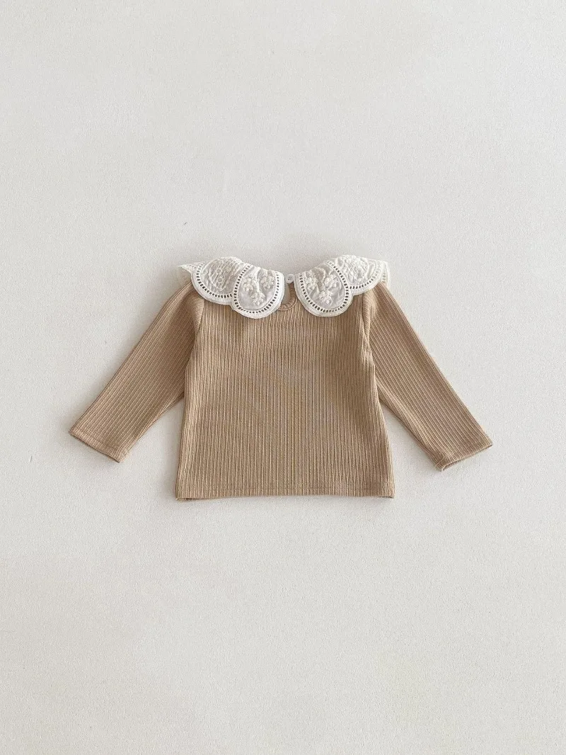 Baby Clothes Autumn Infant Girls Long Sleeve T-shirts Lace Lotus Collar Princess Kids Ribbed Bottoming Shirt Toddler Cotton Tops