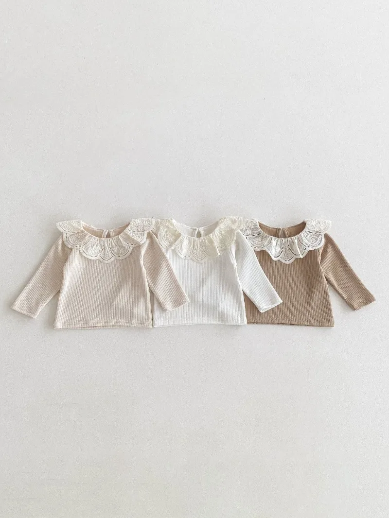 Baby Clothes Autumn Infant Girls Long Sleeve T-shirts Lace Lotus Collar Princess Kids Ribbed Bottoming Shirt Toddler Cotton Tops