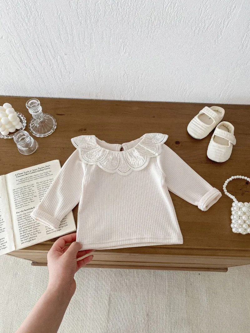 Baby Clothes Autumn Infant Girls Long Sleeve T-shirts Lace Lotus Collar Princess Kids Ribbed Bottoming Shirt Toddler Cotton Tops