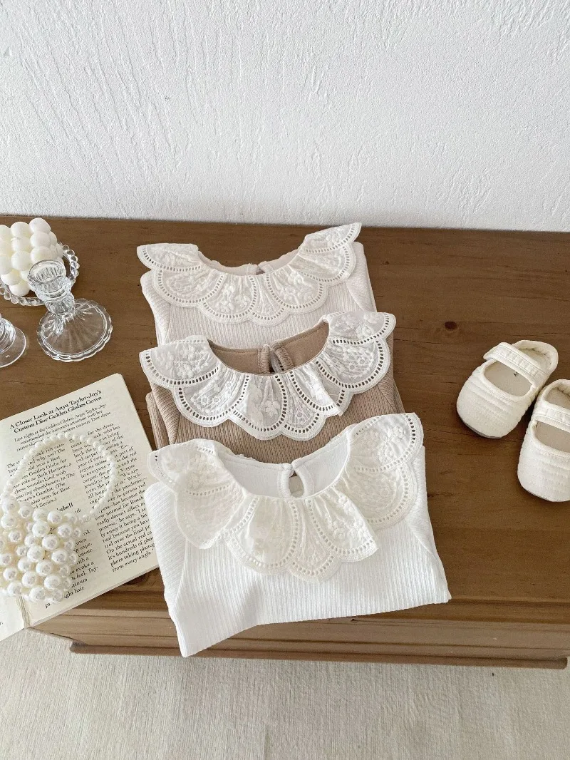 Baby Clothes Autumn Infant Girls Long Sleeve T-shirts Lace Lotus Collar Princess Kids Ribbed Bottoming Shirt Toddler Cotton Tops