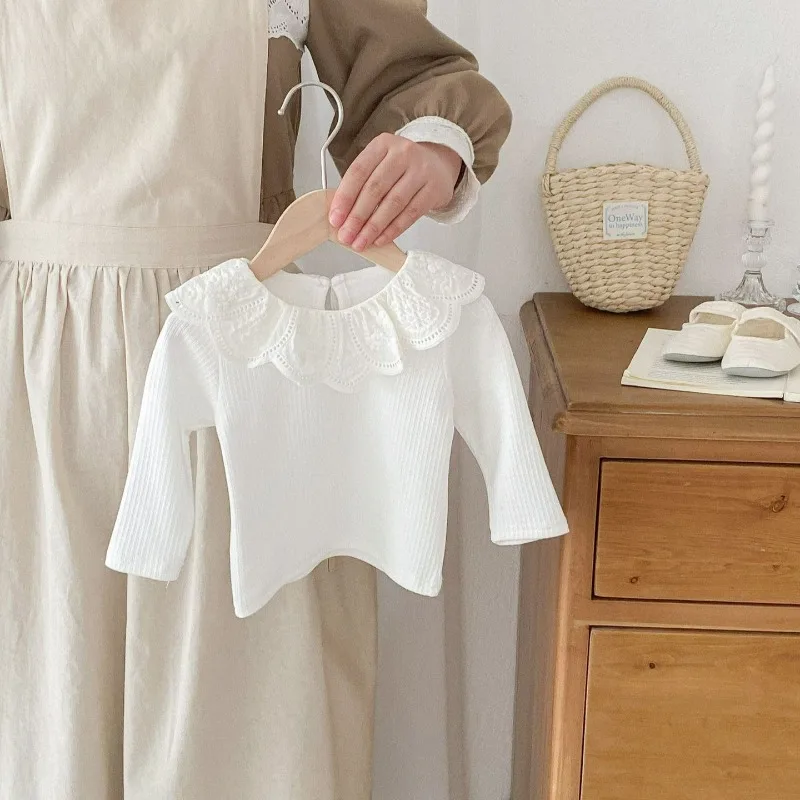 Baby Clothes Autumn Infant Girls Long Sleeve T-shirts Lace Lotus Collar Princess Kids Ribbed Bottoming Shirt Toddler Cotton Tops