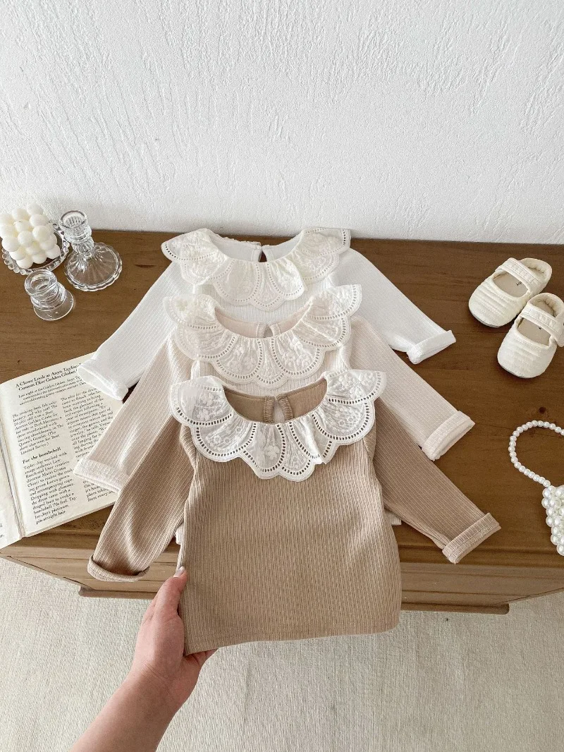 Baby Clothes Autumn Infant Girls Long Sleeve T-shirts Lace Lotus Collar Princess Kids Ribbed Bottoming Shirt Toddler Cotton Tops