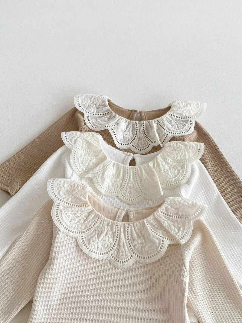 Baby Clothes Autumn Infant Girls Long Sleeve T-shirts Lace Lotus Collar Princess Kids Ribbed Bottoming Shirt Toddler Cotton Tops
