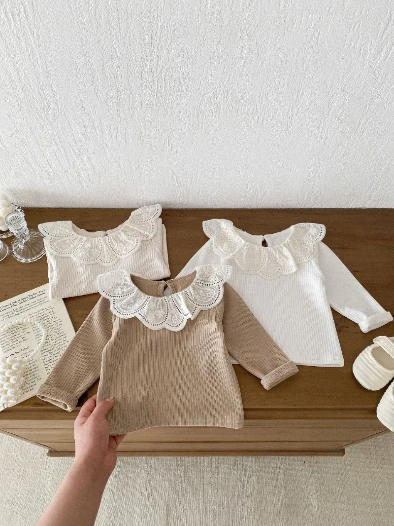 Baby Clothes Autumn Infant Girls Long Sleeve T-shirts Lace Lotus Collar Princess Kids Ribbed Bottoming Shirt Toddler Cotton Tops
