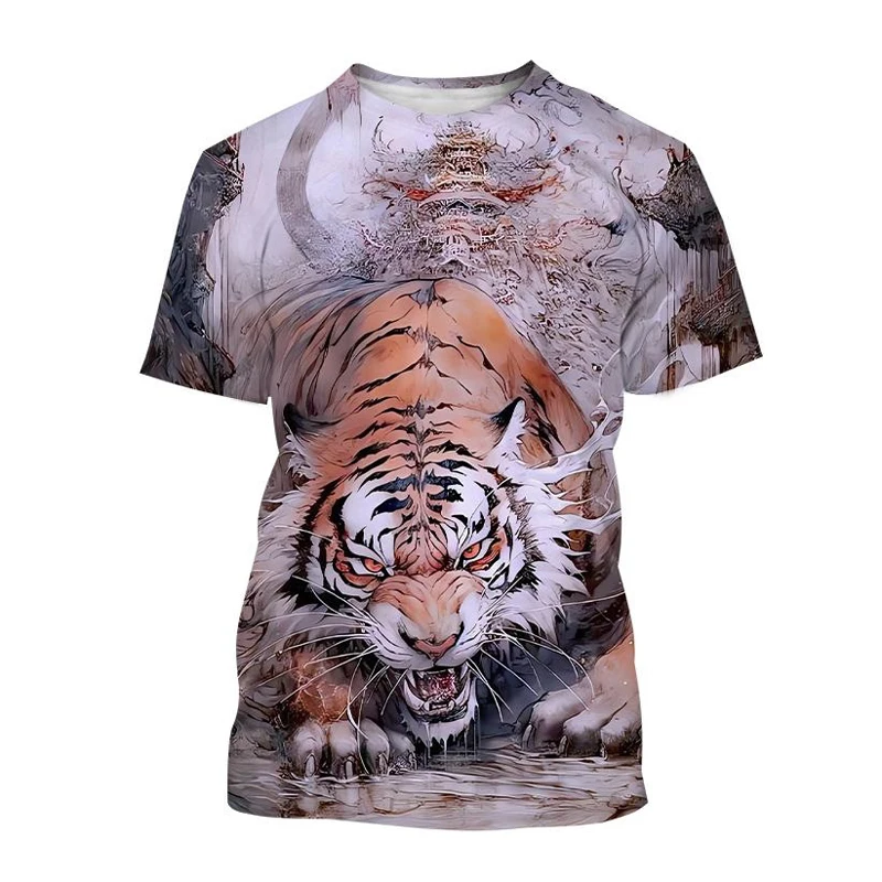 T-Shirts 3D Print Kawaii Animal Tiger Summer O-Neck T Shirt Casual Boys Girls Tops Oversized Fashion Kids Tees Children Clothing