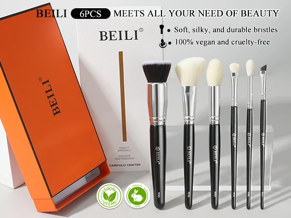 BEILI 6 Pcs Black Makeup Brushes Set Soft Synthetic Foundation Loose Powder Eyeshadow Detail Brush Hair Blush Brush Beauty Tool
