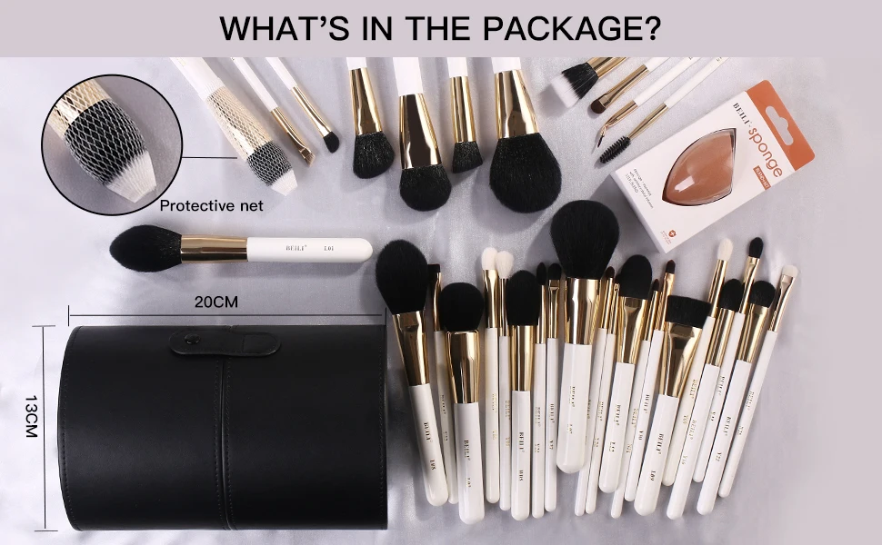 BEILI White Golden Makeup Brushes Set Professional Goat Hair Foundation Contour Bronzer Blush Kakubi Beauty brochas maquillaje