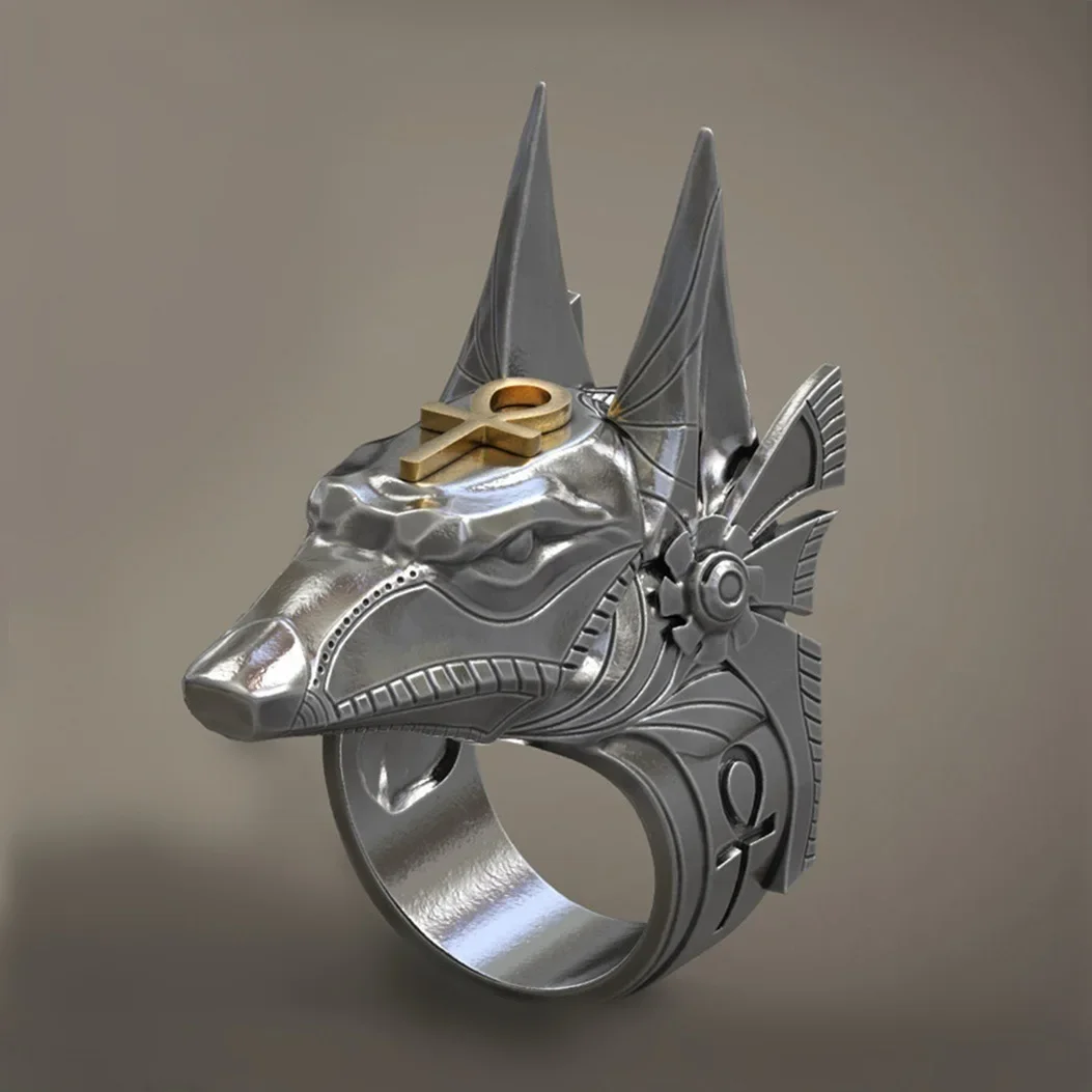 Vintage Stainless Steel Egypt Cross Anubis God Finger Rings for Men Women Punk Wolf Head Knuckle Ring Boho Statement Jewelry