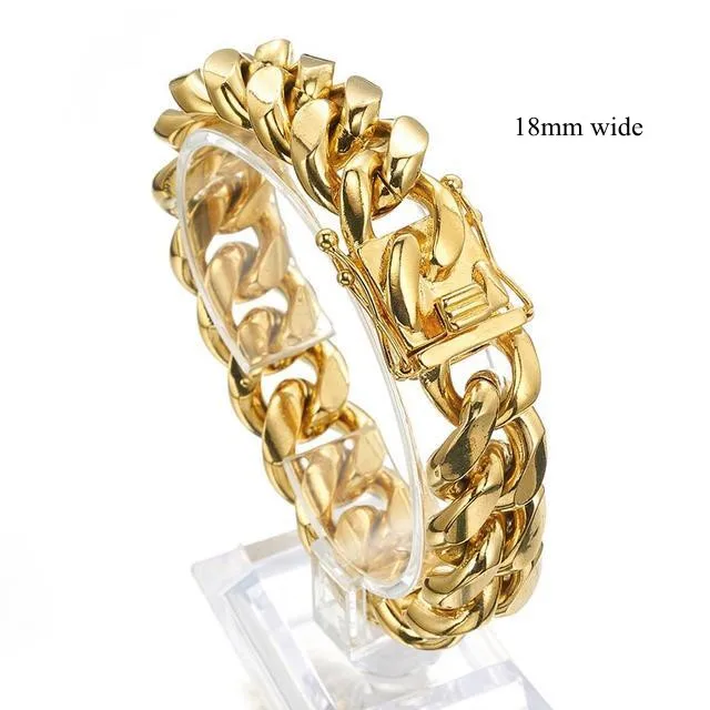 Gold Color/Rose Gold Stainless Steel Curb Cuban Link Chain Bracelet Bangle Jewelry 7-11inch for Men Women 8/10/12/14/16/18mm Gold Color/Rose Gold Stainless Steel Curb Cuban Link Chain Bracelet Bangle Jewelry 7-11inch for Men Women 8/10/12/14/16/18mm