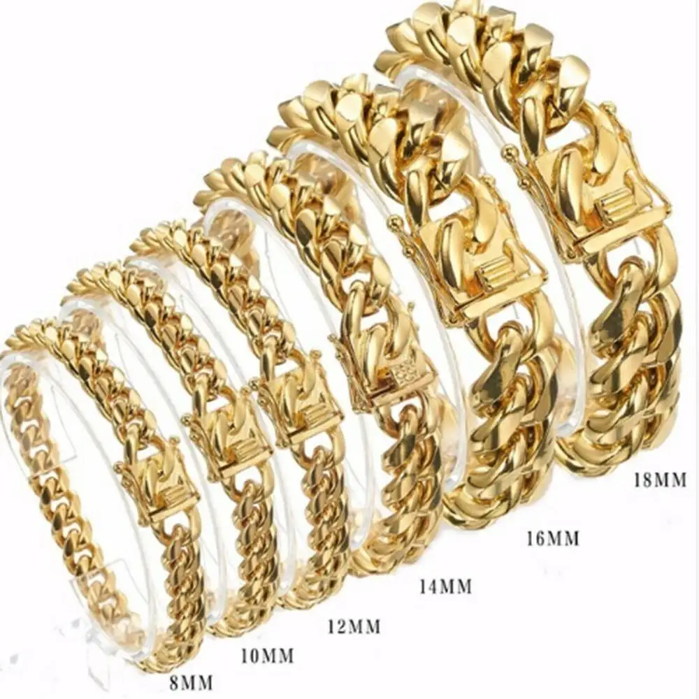 Gold Color/Rose Gold Stainless Steel Curb Cuban Link Chain Bracelet Bangle Jewelry 7-11inch for Men Women 8/10/12/14/16/18mm Gold Color/Rose Gold Stainless Steel Curb Cuban Link Chain Bracelet Bangle Jewelry 7-11inch for Men Women 8/10/12/14/16/18mm