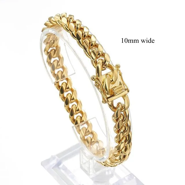Gold Color/Rose Gold Stainless Steel Curb Cuban Link Chain Bracelet Bangle Jewelry 7-11inch for Men Women 8/10/12/14/16/18mm Gold Color/Rose Gold Stainless Steel Curb Cuban Link Chain Bracelet Bangle Jewelry 7-11inch for Men Women 8/10/12/14/16/18mm