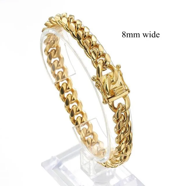 Gold Color/Rose Gold Stainless Steel Curb Cuban Link Chain Bracelet Bangle Jewelry 7-11inch for Men Women 8/10/12/14/16/18mm Gold Color/Rose Gold Stainless Steel Curb Cuban Link Chain Bracelet Bangle Jewelry 7-11inch for Men Women 8/10/12/14/16/18mm