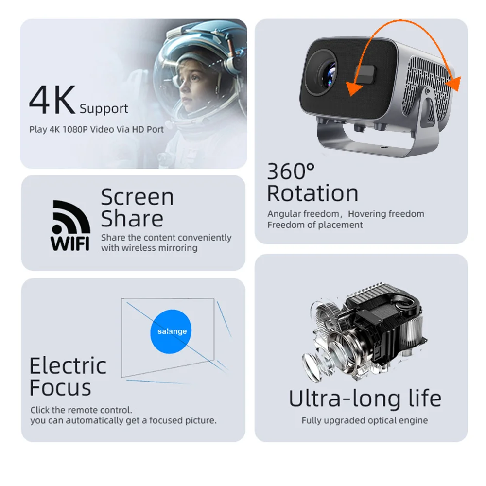 DEYSINN Projector 4K A10 Newly 1080P 660 ANSI Projector Android 13 WiFi6 BT5.5 Auto Focus Keystone Portable Outdoor Home Cinema
